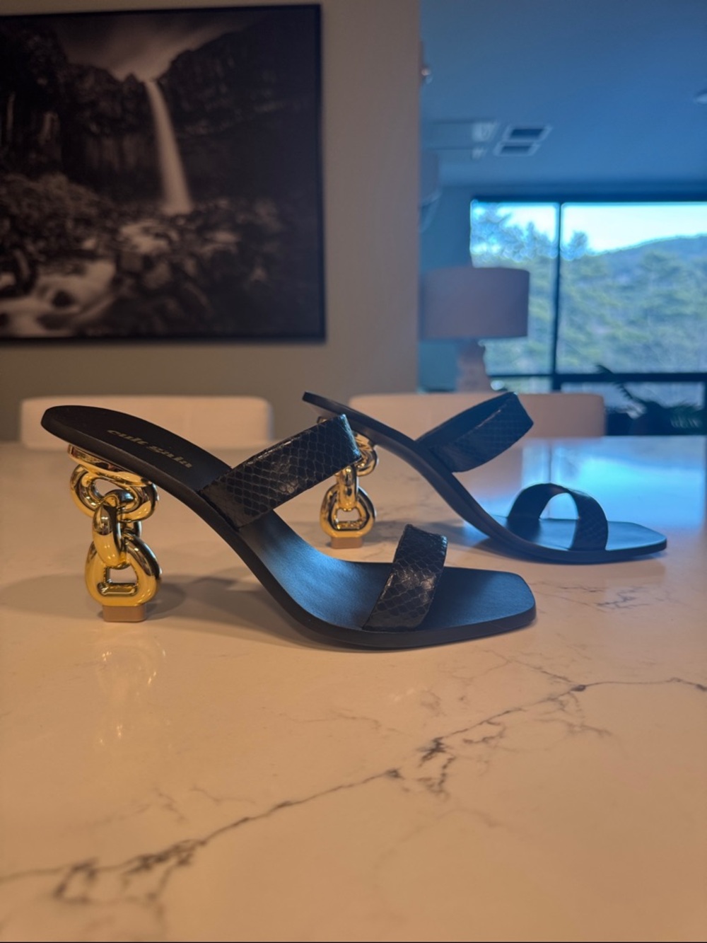 NWT cult gaia Cult Vivianne Gold Chain-Heeled Sandals in Black Snakeskin